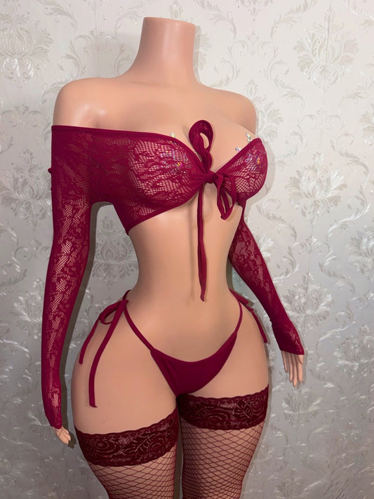 Venus Burgundy 3 Piece With Lace Thigh High Stockings Fits S-XL