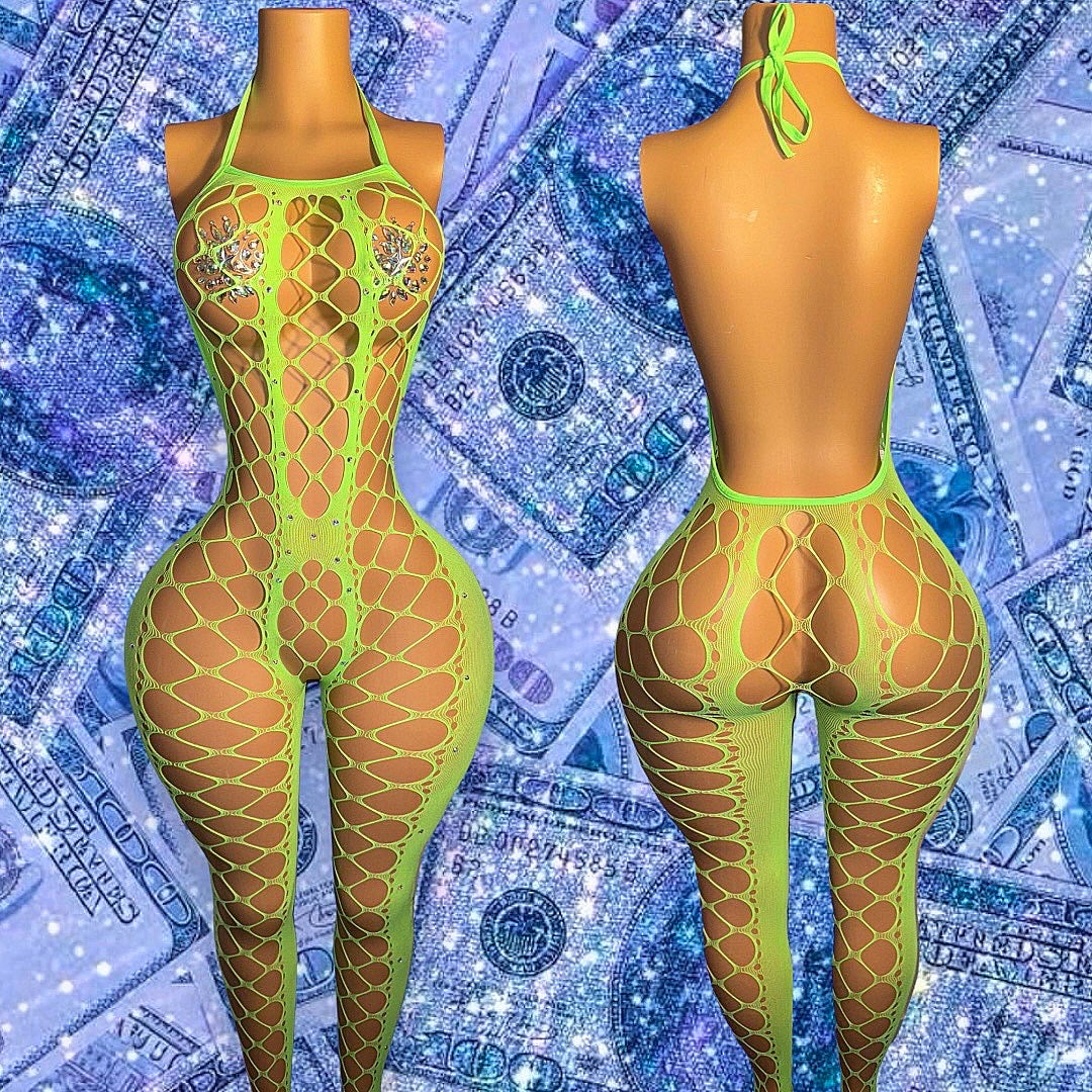 Giana Halter Fishnet Bodystocking Optional Rhinestones Fits XS-L
