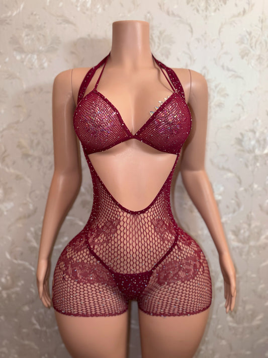 Mean Girl Rhinestone 3 Piece Fishnet Romper Bikini Set Fits XS-L