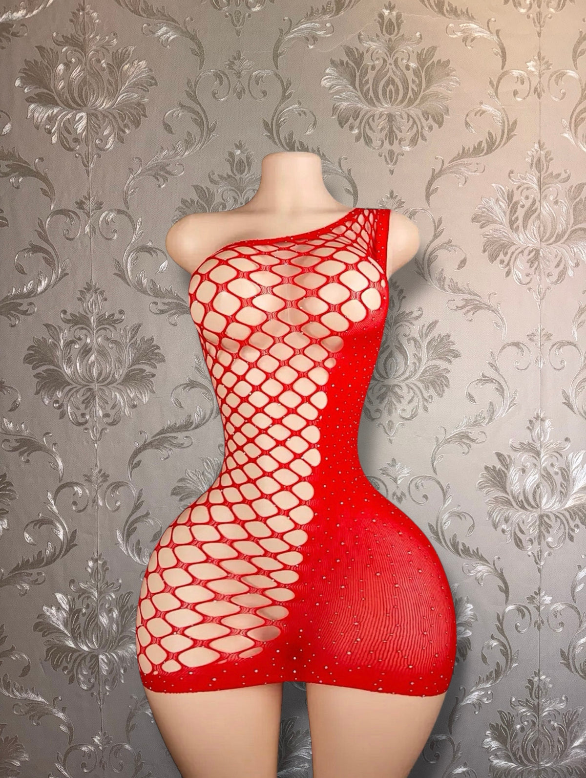 Holiday Bedazzled Dress Asymmetrical Fishnet Fits XS-M