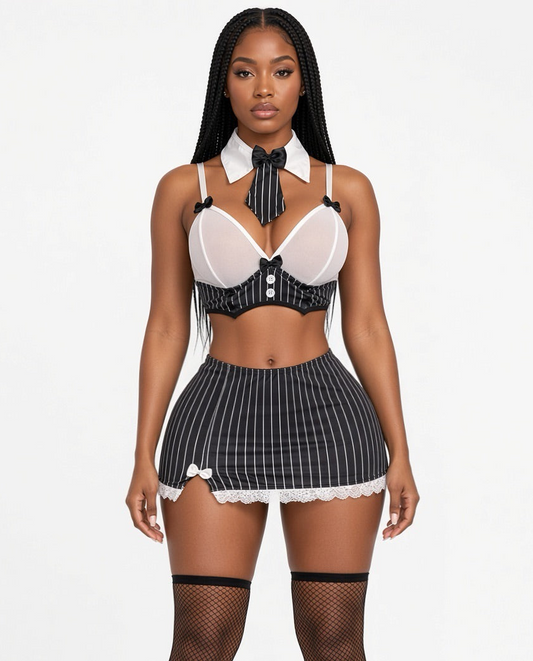 Wednesday School Girl Goth 5 Piece Skirt Set Includes Thong and Stockings