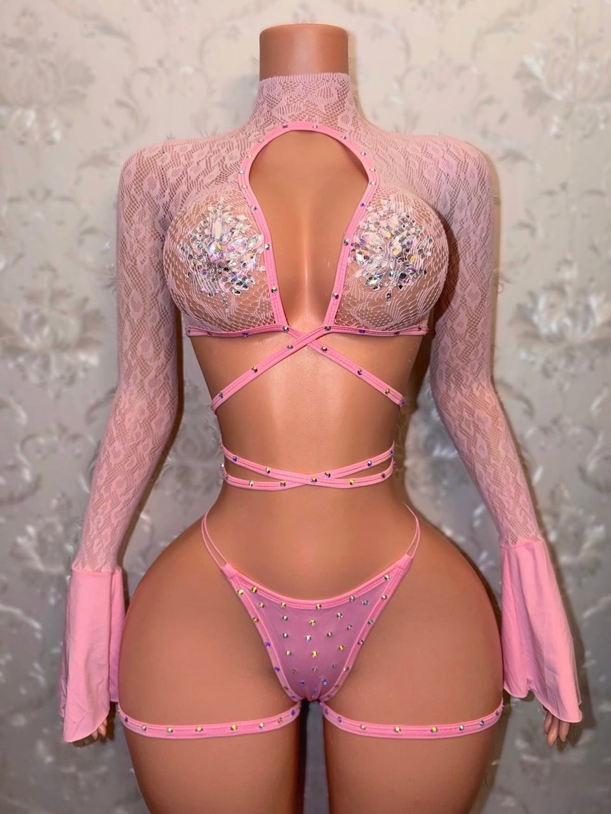 Sweetie Fishnet 3 Piece Flared Sleeve Set with Garters