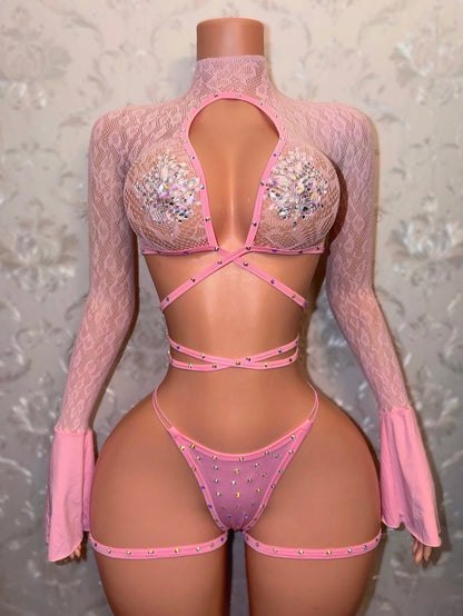 Sweetie Fishnet 3 Piece Flared Sleeve Set with Garters