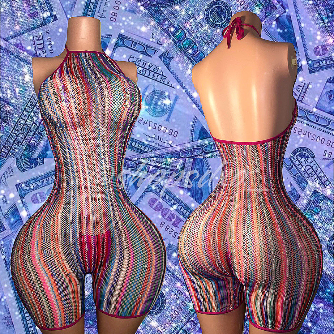 Onika Multicolor Fishnet Romper Fits M