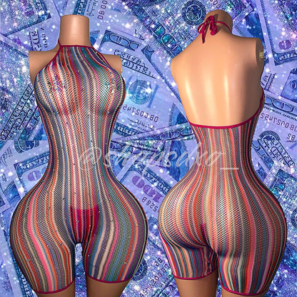 Onika Multicolor Fishnet Romper Fits M