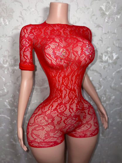 Suriyah Long Sleeve Backless Rose Fishnet Romper Fits XS-L