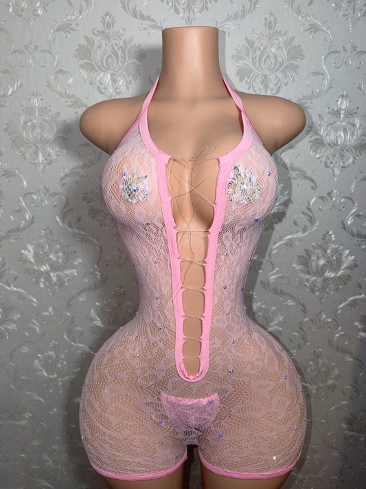Aaliyah Clear Cord Rhinestone Cheetah Romper Set With Thong Fits XS-L