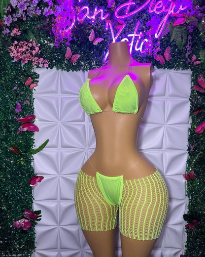 Chloe 3 Piece Set Plain Bikini and Cut Off Fishnet Shorts