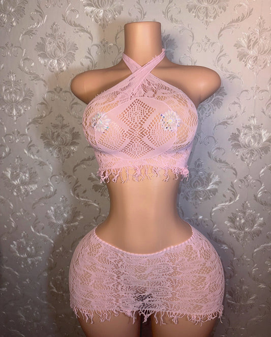 Amber Fringe Fishnet Skirt Set Fits XS-L