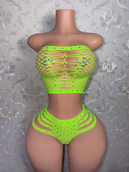 Natina Cheeky Fishnet Bra and Thong Set With Rhinestones Fits All