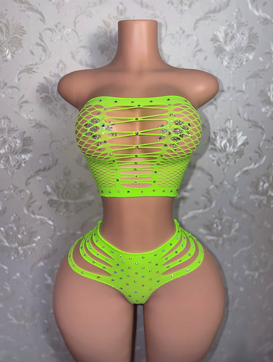 Natina Cheeky Fishnet Bra and Thong Set With Rhinestones Fits All