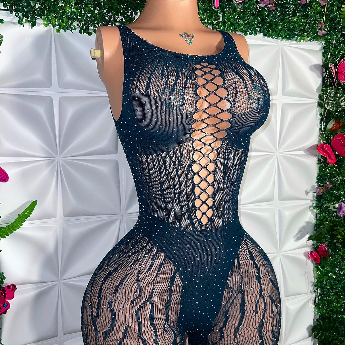 Business As Usual Bedazzled Zebra Fishnet Romper Fits XS-M