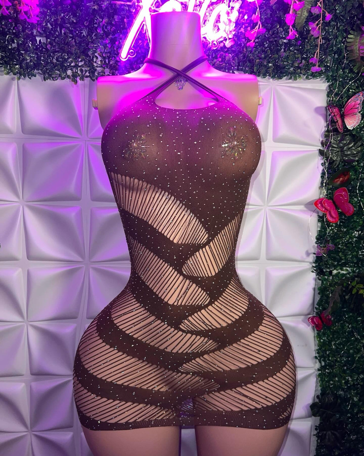 Naomi Diamond Fishnet Dress Fits XS-XL