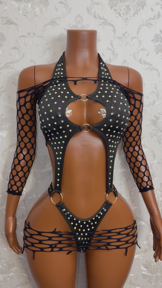Sadé Rhinestone One Piece & Fishnet Shrug 3 Piece Set Fits S-L